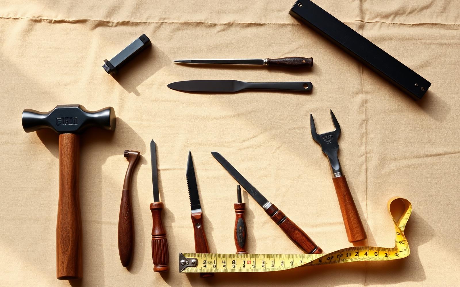 A neat flat-lay of essential hand tools including a drill, hammer, tape measure and combination square