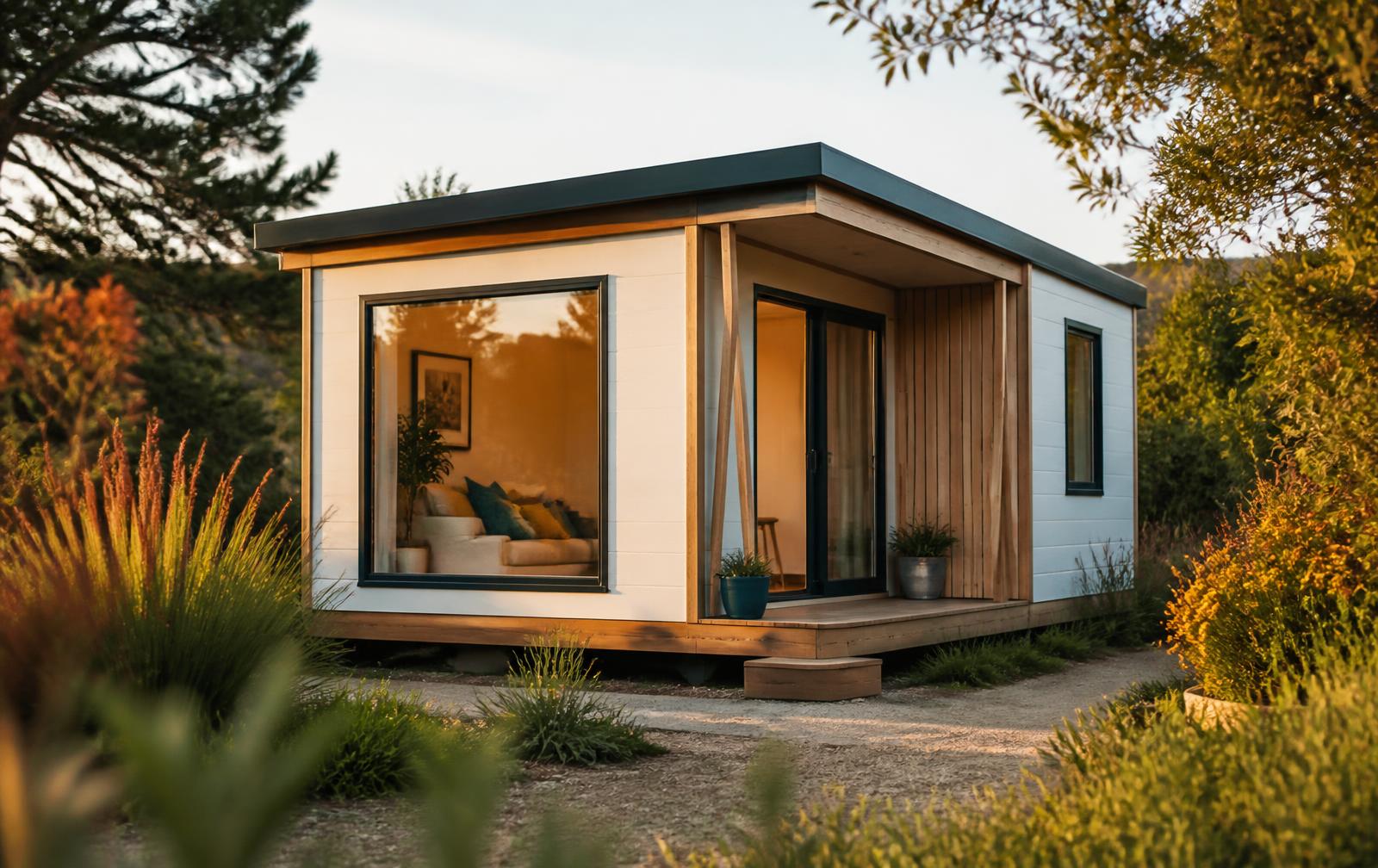A compact prefabricated small home with timber and white-panel cladding at golden hour